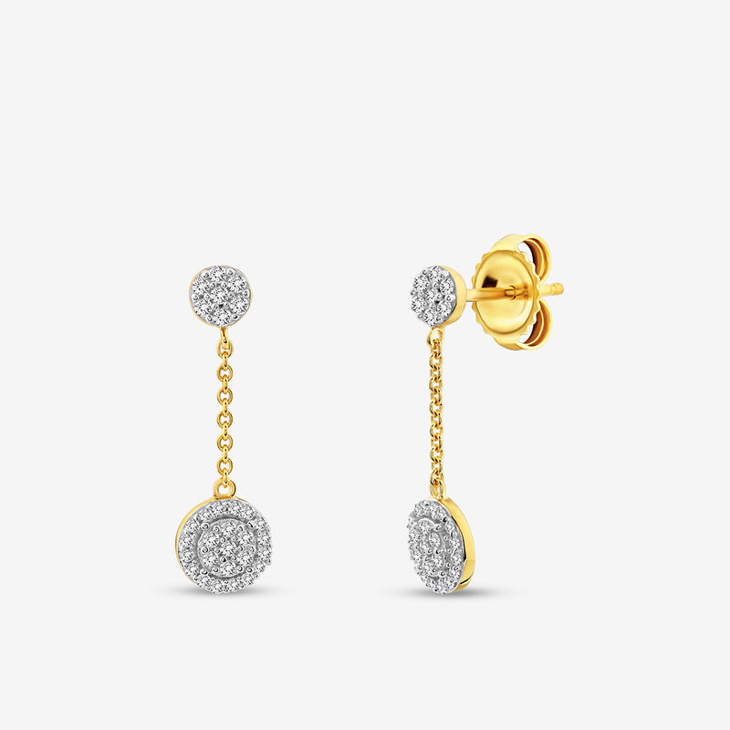 ORBIT Glow Dangler Earrings by Keemti Jewels: double-halo round diamonds and clusters linked by a short chain.
