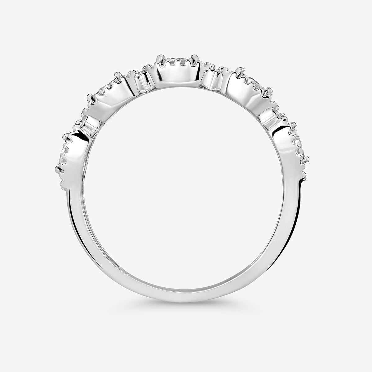 Keemti Jewels MARQUISE Link Band RING with six prong settings, side view on a plain white background.