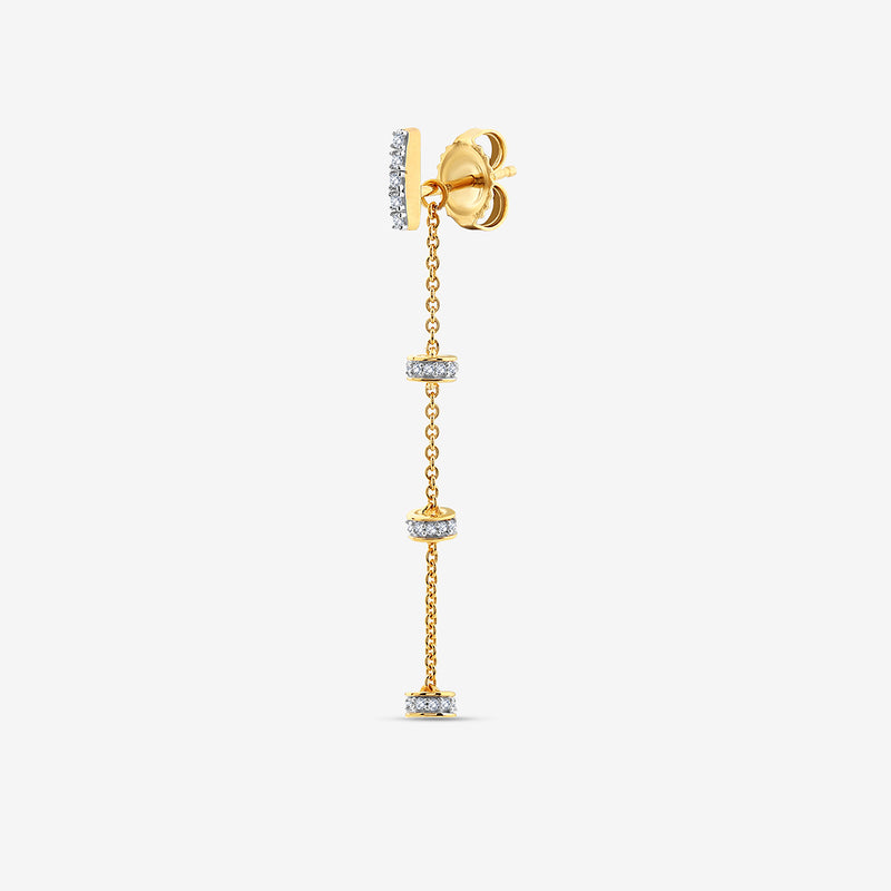 Keemti Jewels’ TRI-CHARM Dangler Earrings: Gold studs with a drop chain and bezel-set diamonds in three rings.