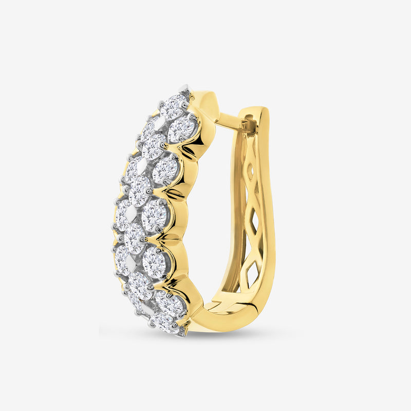 A close-up of a single CLASSIC Lattice Hoop EARRING by Keemti Jewels, showcasing two rows of round white diamonds in a scalloped lattice setting against a plain white background for a modern look.