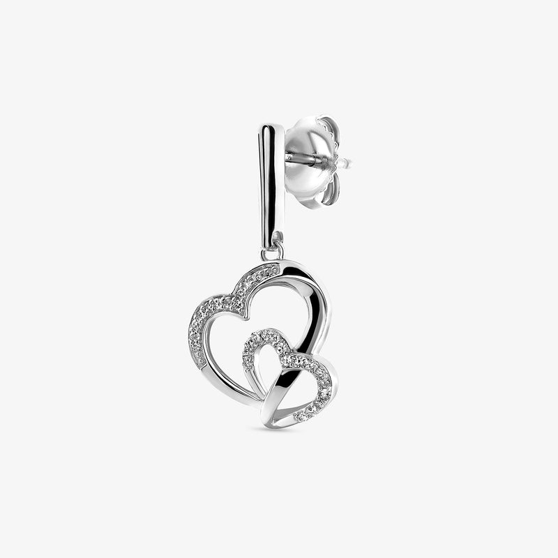 Silver-tone heart drop earrings, interlocking hearts with pavé stones, side profile
