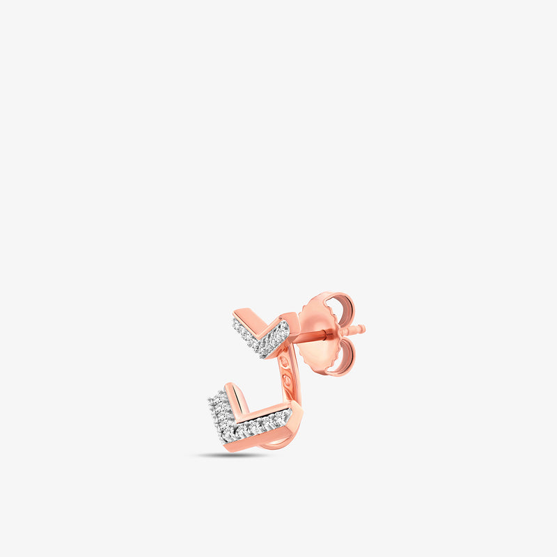 CHEVRON Vista Ear JACKETS by Keemti Jewels: rose gold V-shaped studs with sparkling diamonds on a white background.