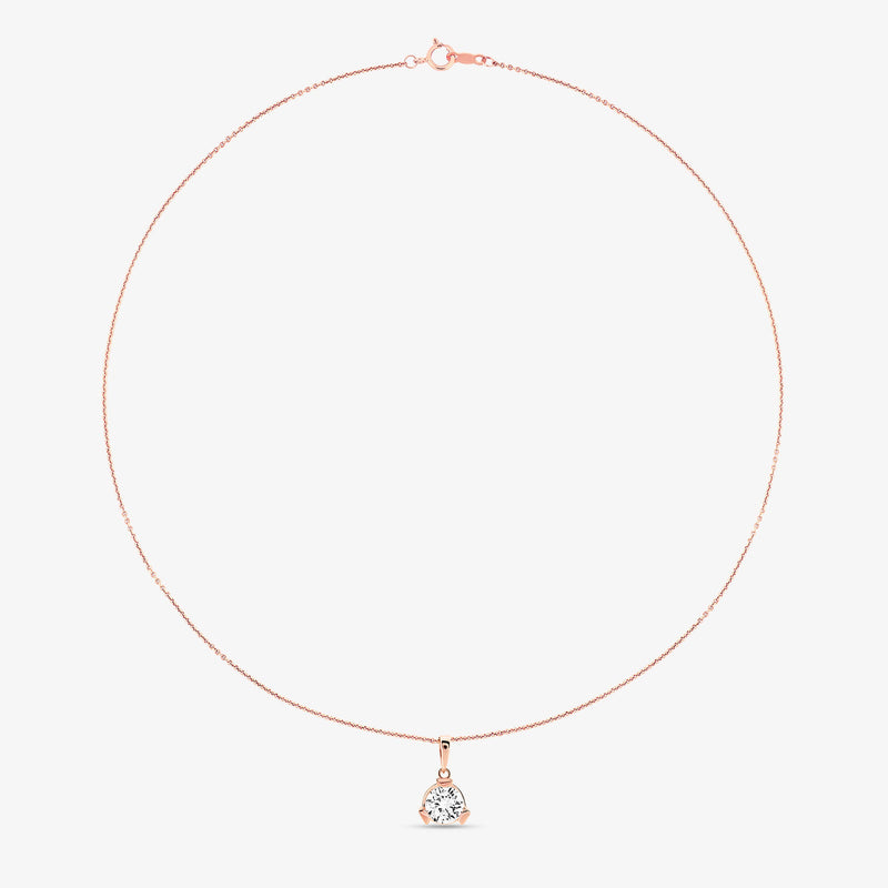 Round diamond pendant on rose-gold chain with small clasp at top
