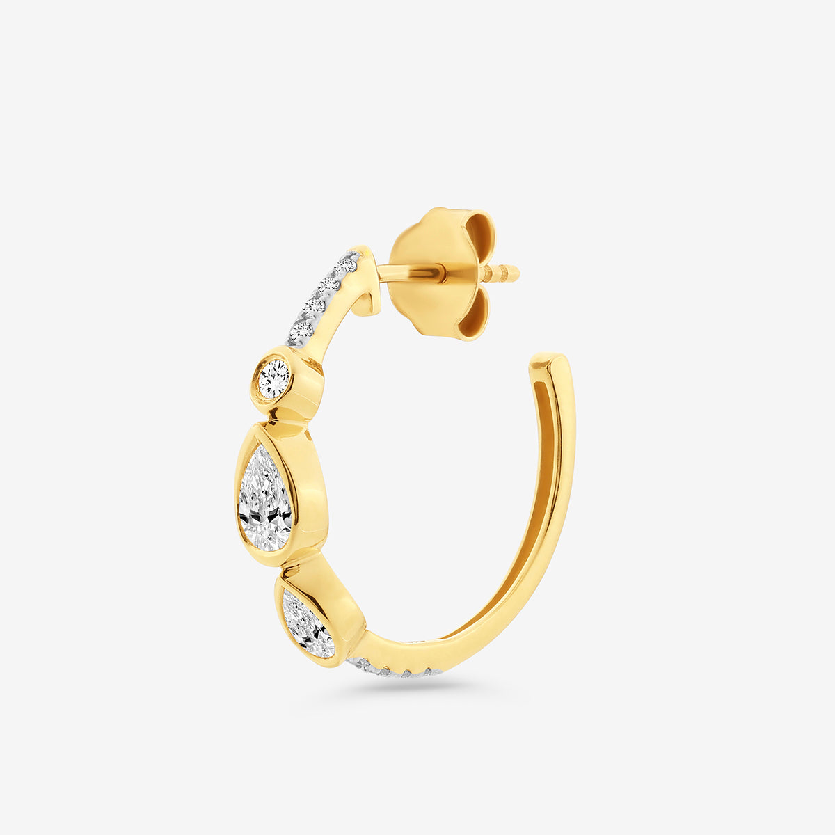 Gold hoop earring view with round stone, pear stones, and pavé band