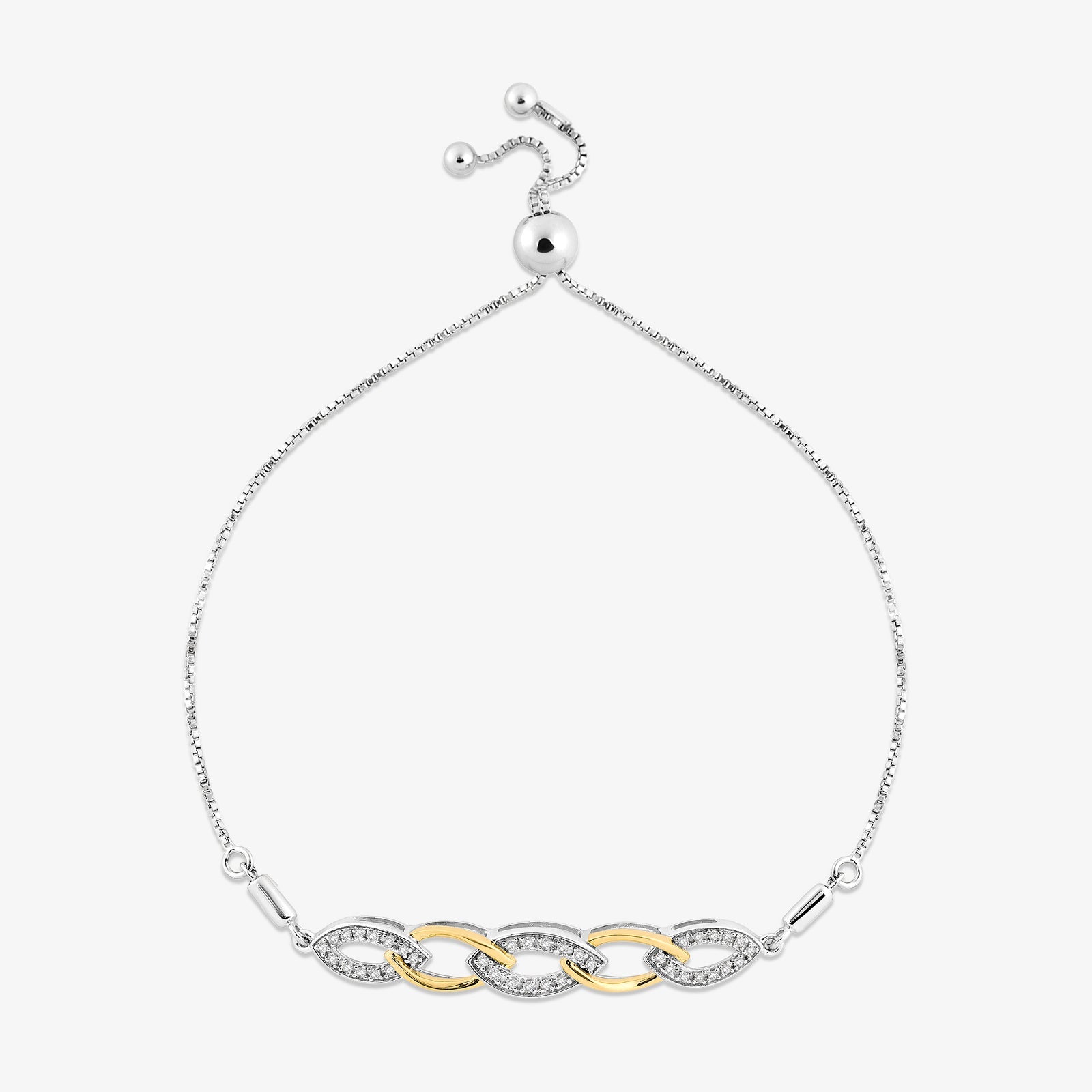 Two-tone bolo bracelet with ball clasp and interlinked oval pavé links