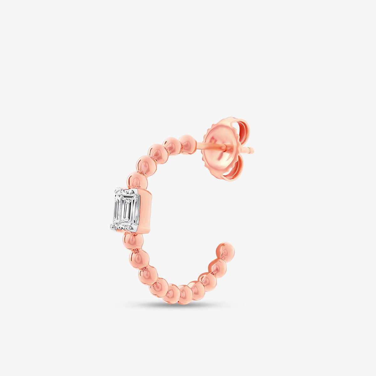 Hinged beaded hoop earring, rose-gold tone with silver-set rectangular stone