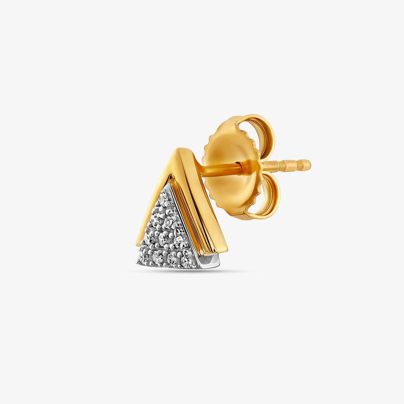 Triangle spark stud with gold backing and silver pavé center, push-back earring