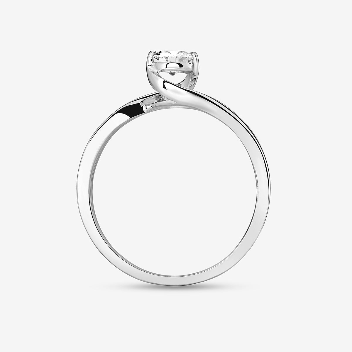 The Keemti Jewels RADIANT Swirl Ring is a silver promise ring with a single round diamond in a prong setting.