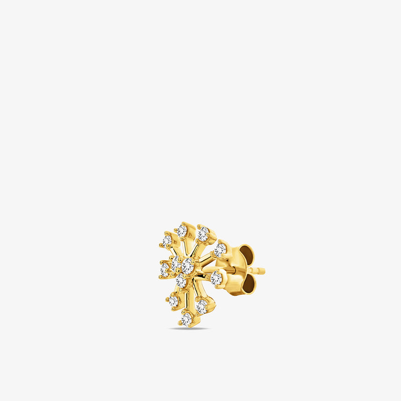 Keemti Jewels SNOWFALL Stud Earrings: snowflake-shaped, adorned with sparkling diamonds on a white background.