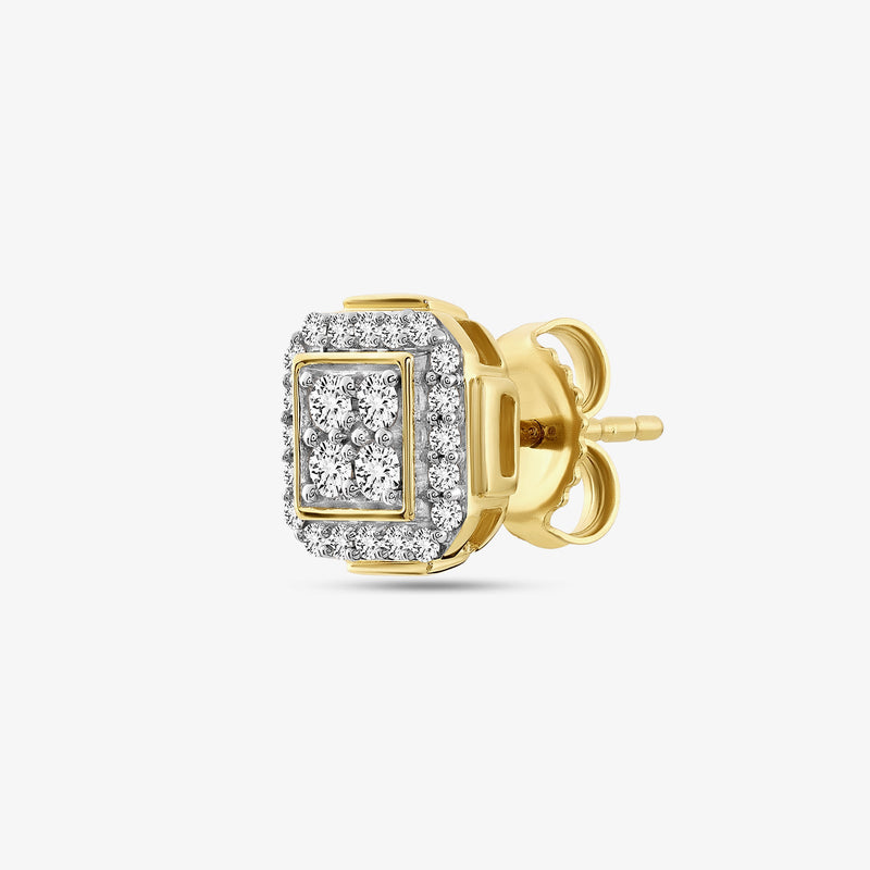 Square halo diamond stud earrings with large square center stones and pavé surround