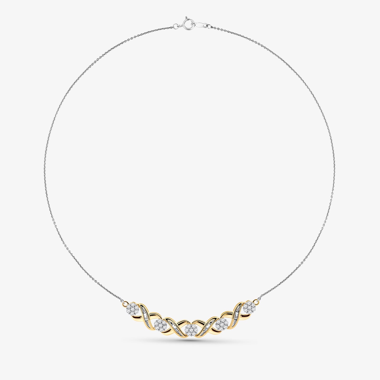 Interlinked curved diamond necklet on chain, curved oval links with round stones