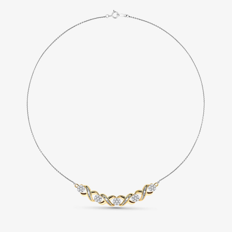 Interlinked curved diamond necklet on chain, curved oval links with round stones