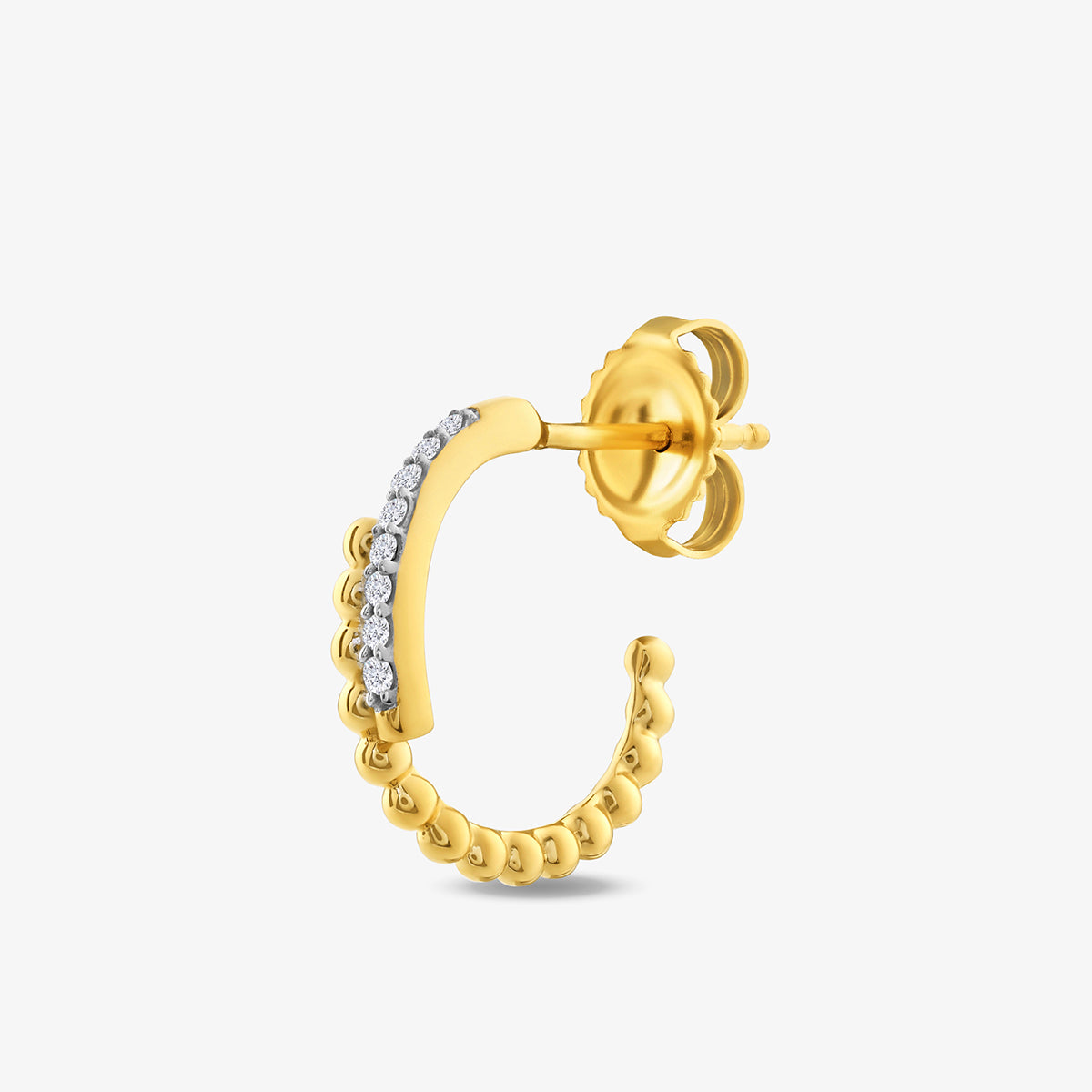 The SHIFT Bar Hoop Earrings by Keemti Jewels showcase everyday elegance with yellow plating, a top row of round diamonds, and a beaded gold design on the bottom, beautifully set against a white background.
