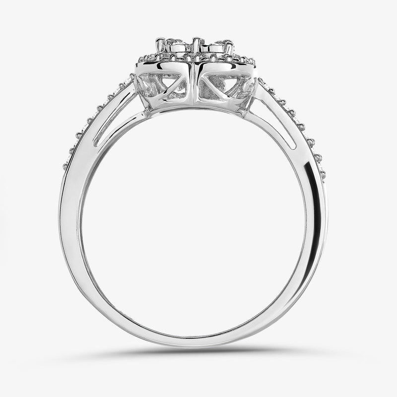 Side view of heart halo ring with small bead prongs and pavé, silver tone