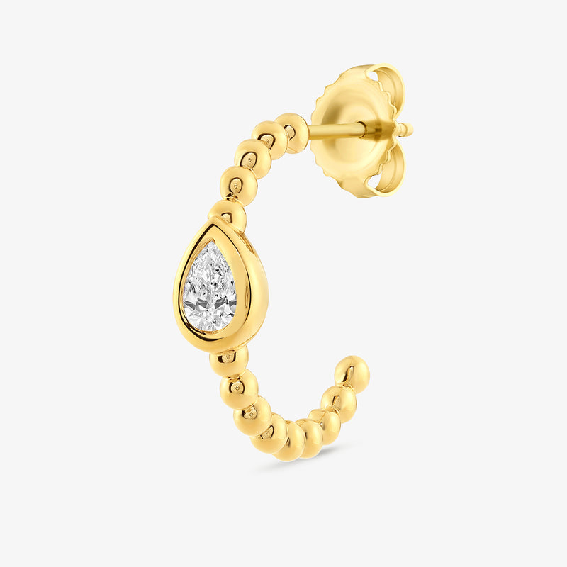 LUNA pear hoop earrings with gold finish and pear-shaped crystal drop on a hinged hoop