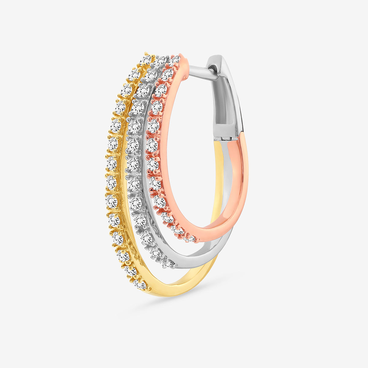The TRIPLE Cascade Hoop EARRINGS by Keemti Jewels feature golden tri-color hoops with sparkling clear stones.