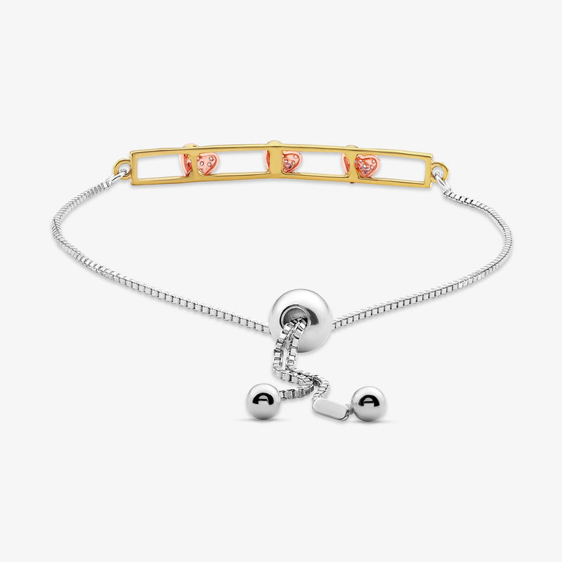 Bolo bracelet clasp with circular charm links and three heart pavé accents