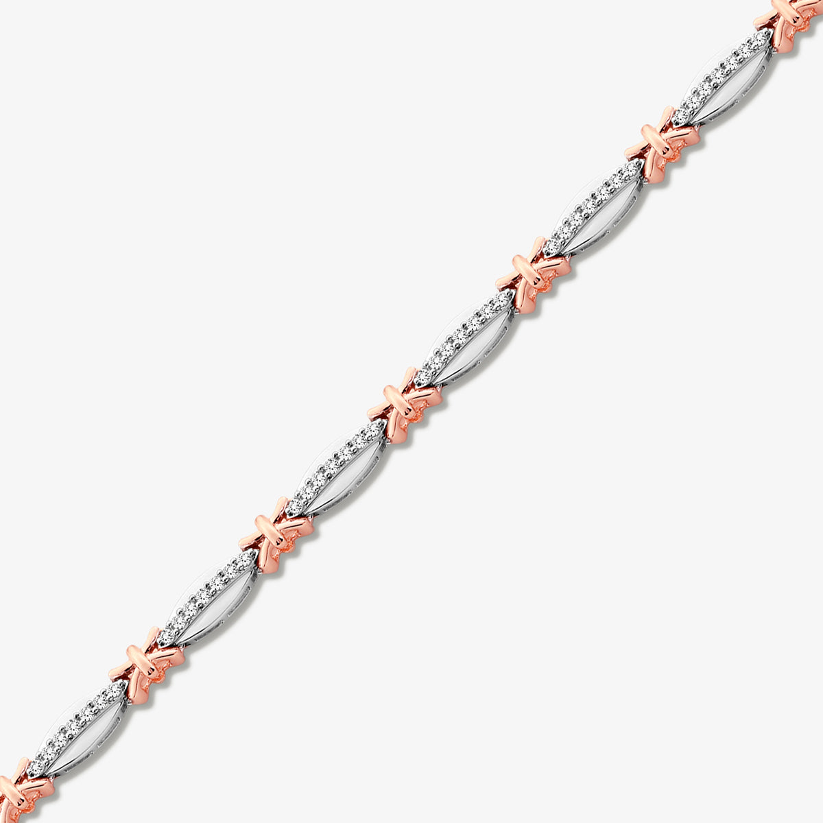 The MARQUISE Bloom BRACELET by Keemti Jewels features rose gold X accents and silver marquise links with sparkling diamonds.