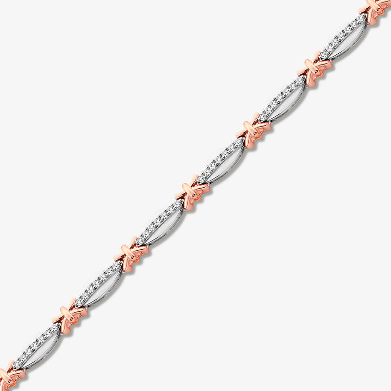 The MARQUISE Bloom BRACELET by Keemti Jewels features rose gold X accents and silver marquise links with sparkling diamonds.