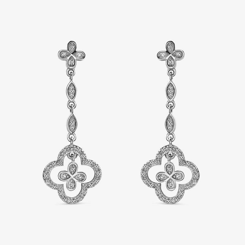 Silver 925 clover quatrefoil drop earrings with three oval stone dangles