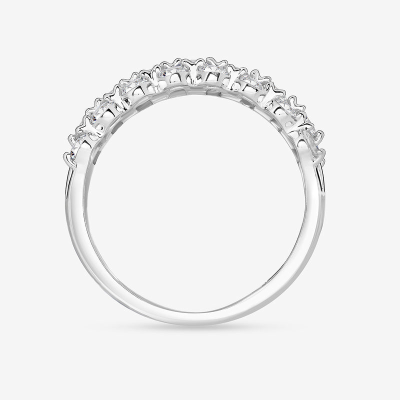 Triple-row diamond ring with round stones set in prongs around the band