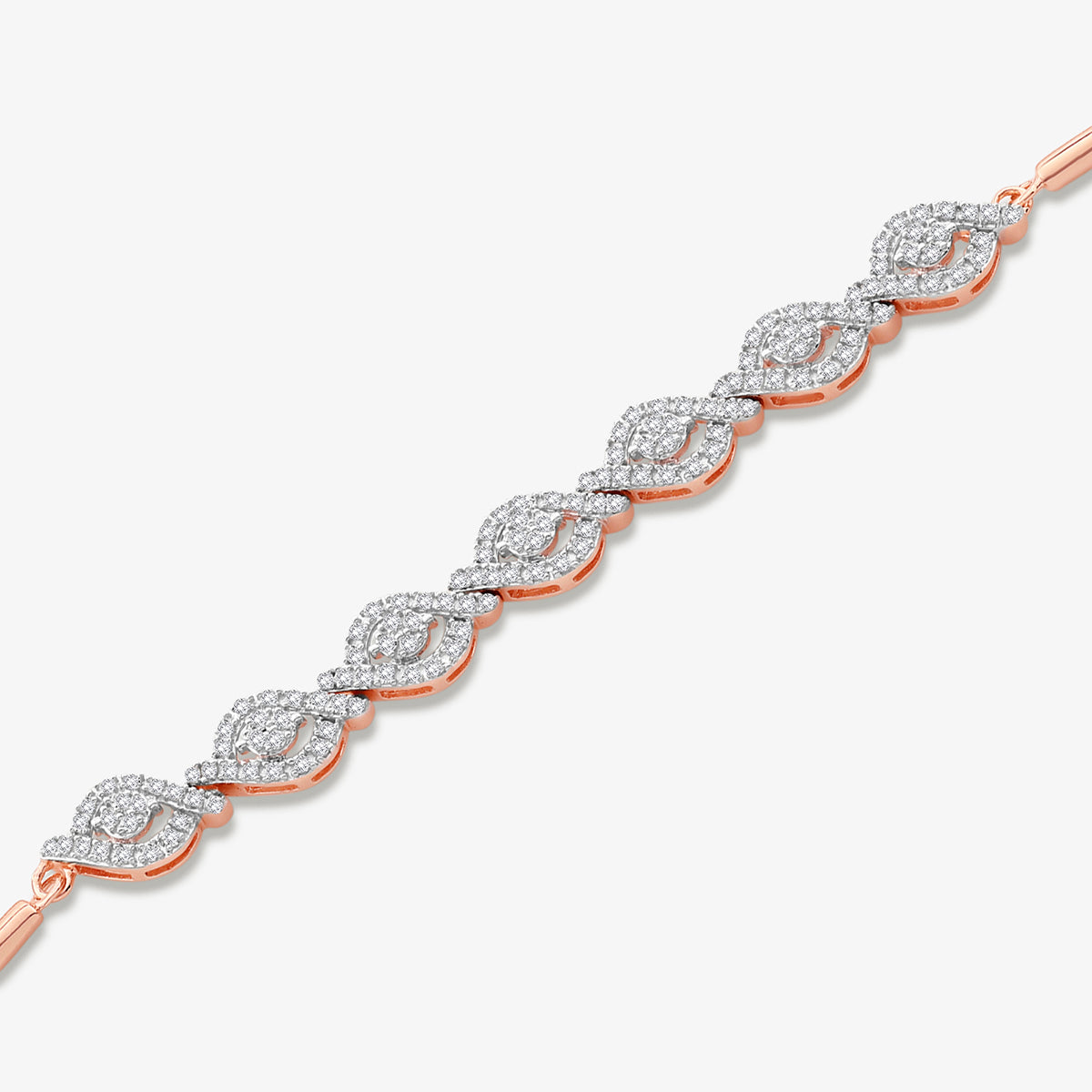 Keemti Jewels' ADJUSTABLE Swirl Link BRACELET features a rose gold leaf pattern with sparkling white stones.