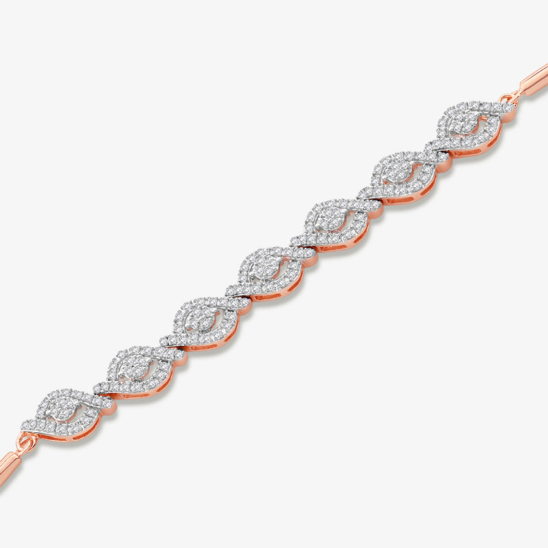 Keemti Jewels' ADJUSTABLE Swirl Link BRACELET features a rose gold leaf pattern with sparkling white stones.
