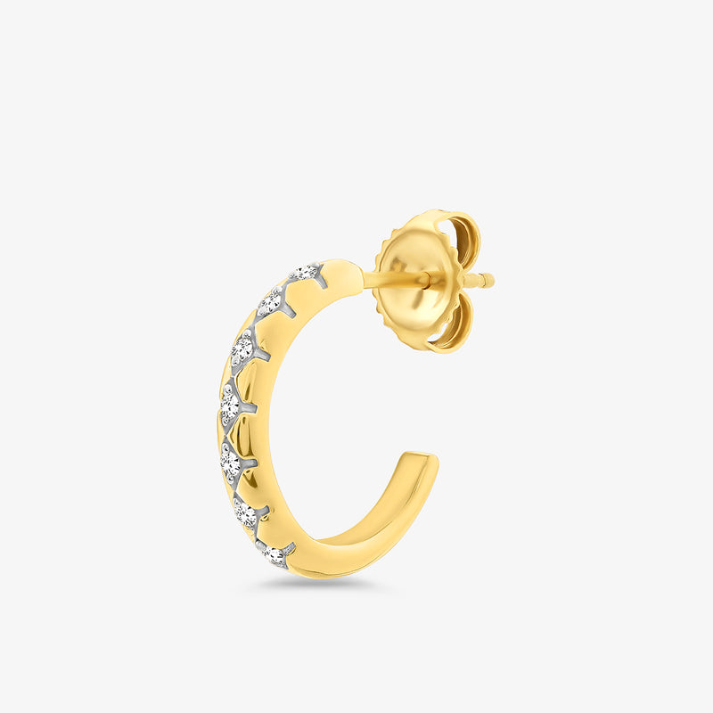 Gold hoop earring with hinged back post and sparkling stone detail along edge