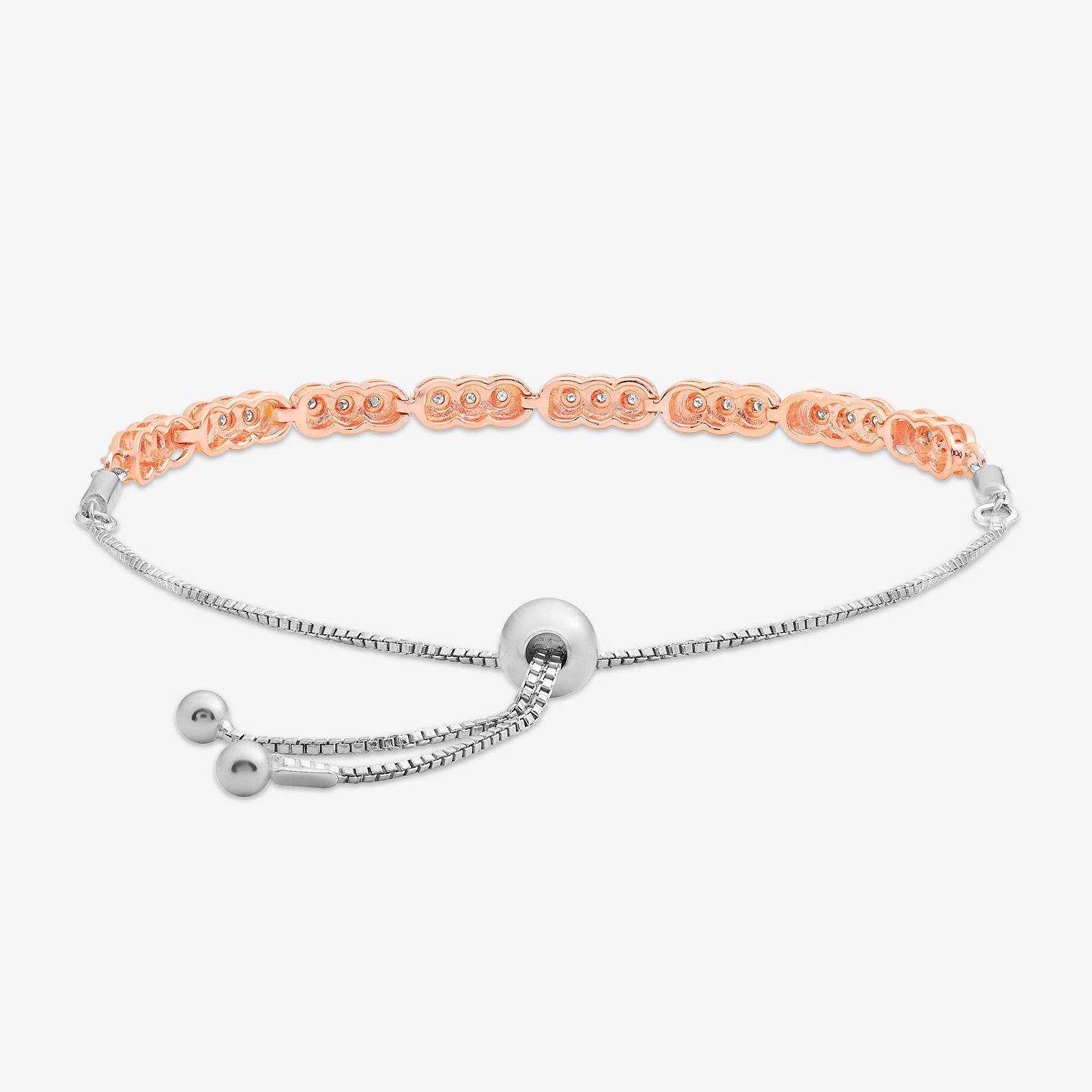 INFINITY Weave bolo bracelet laid flat with round stations, bead ends, and adjustable cord