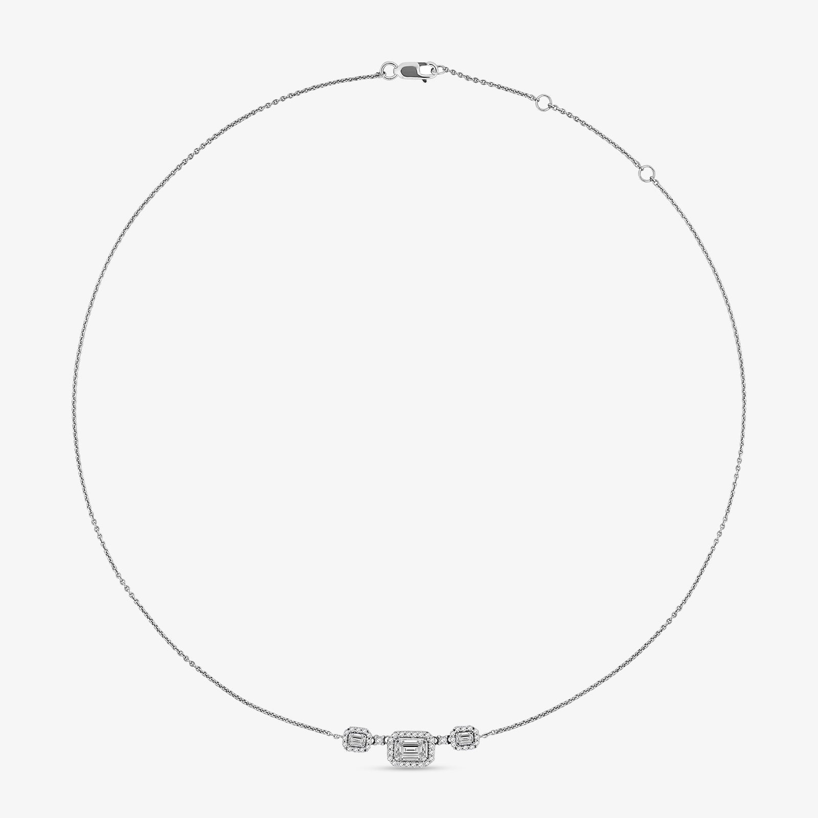 Silver-tone chain necklace with trio emerald-cut square stones and clasp detail