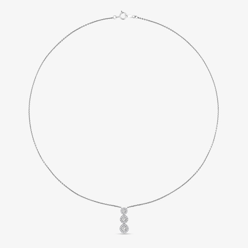 Fine silver chain necklace with three round halo stones at the center.