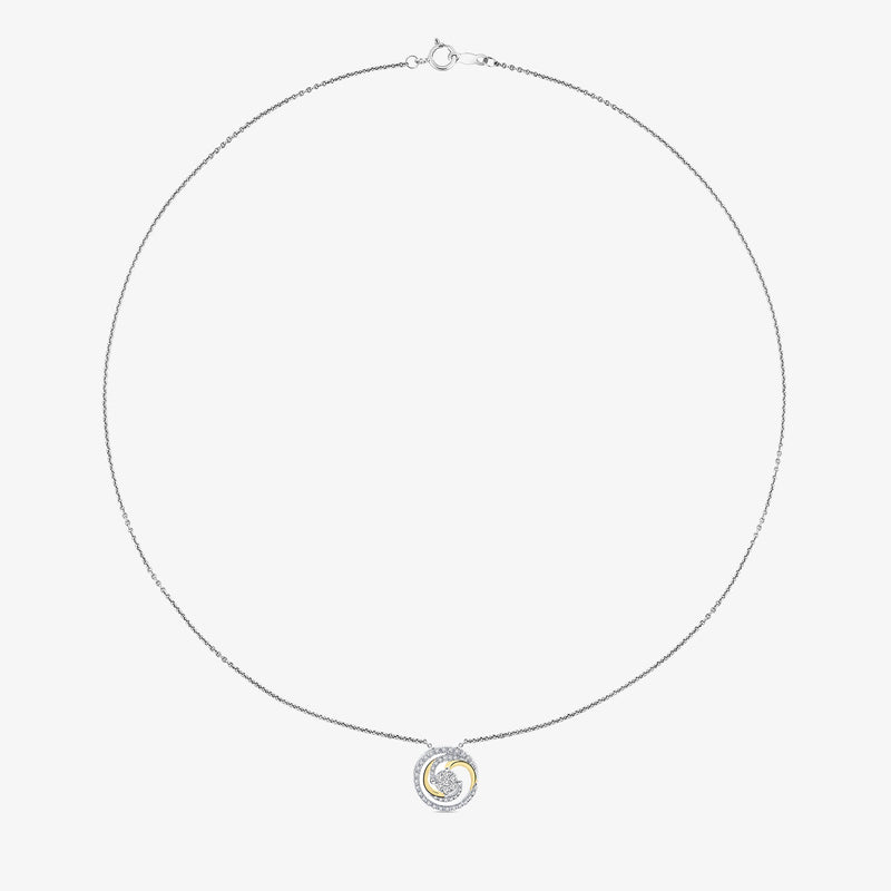 Silver chain necklet with small round swirl pendant and gold-toned inner ring