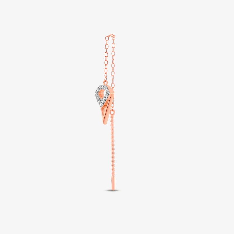 Keemti Jewels' VOGUE Sui Dhaga Earrings: Rose gold V-shaped geometric danglers with crystal accents for modern style.