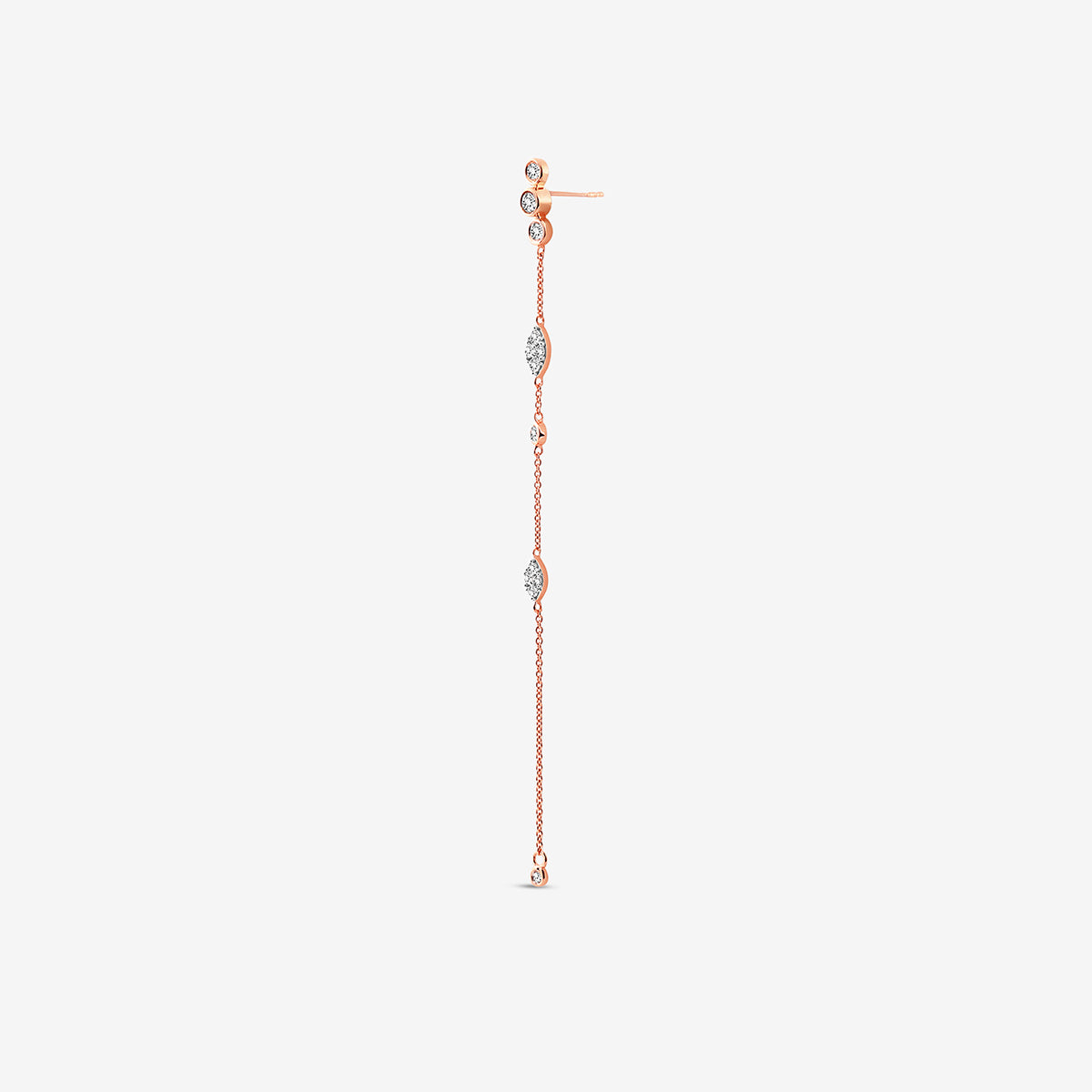The Keemti Jewels TWINKLE Glow Sui Dhaga Earrings feature delicate rose gold, bezel-set diamonds, and a thin chain.