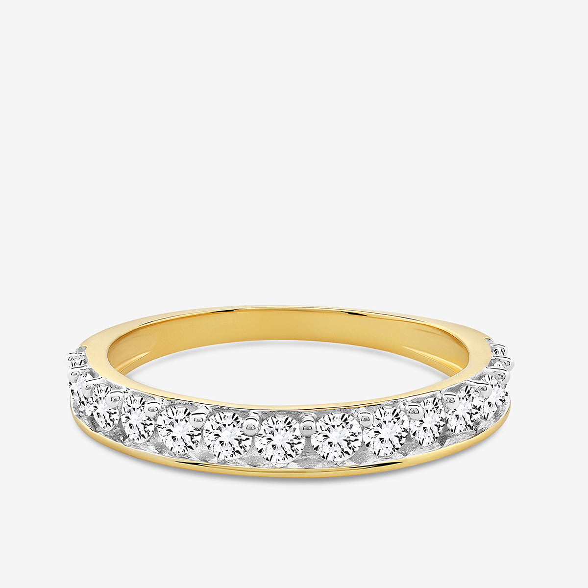 Half Eternity ring side view, gold-toned bezel with white round pavé stones
