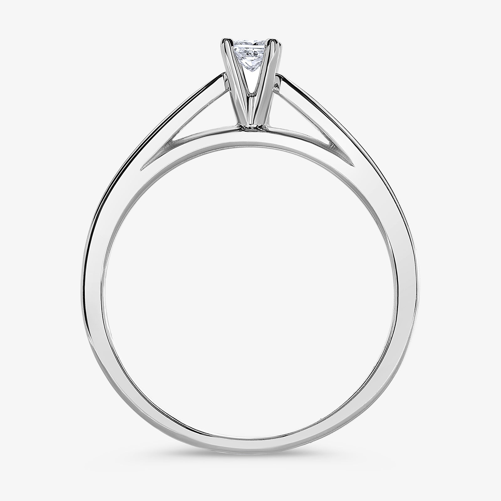 Top view of princess-cut diamond ring with central stone in four-prong setting, silver-tone