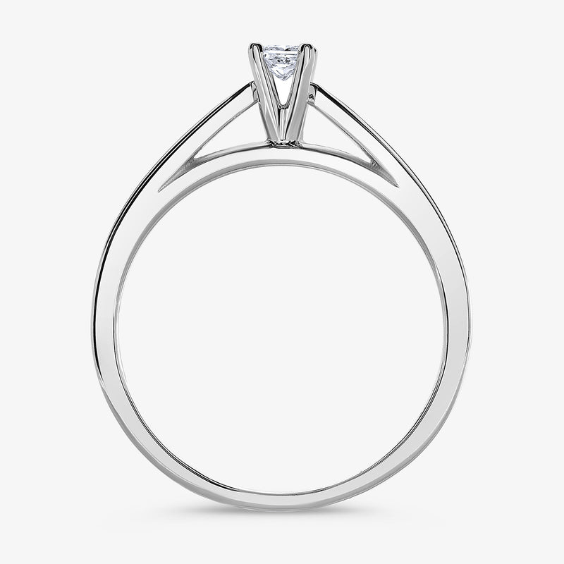 Top view of princess-cut diamond ring with central stone in four-prong setting, silver-tone