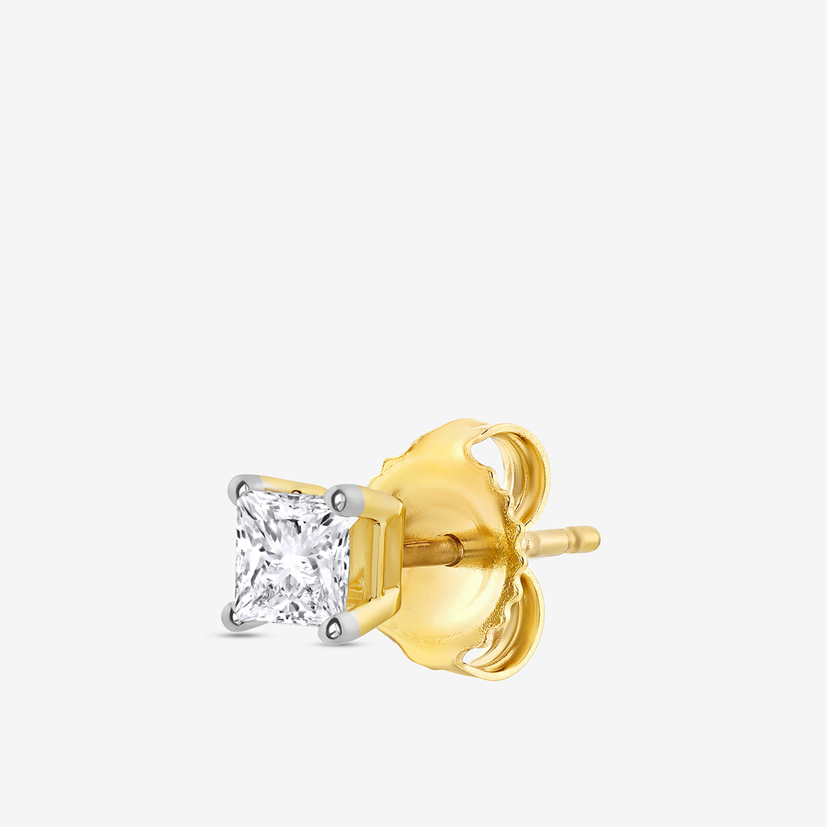 Keemti Jewels SQUARELUMIN Solitaire Stud EARRINGS: square gold stud with clear gemstone and polished prongs.