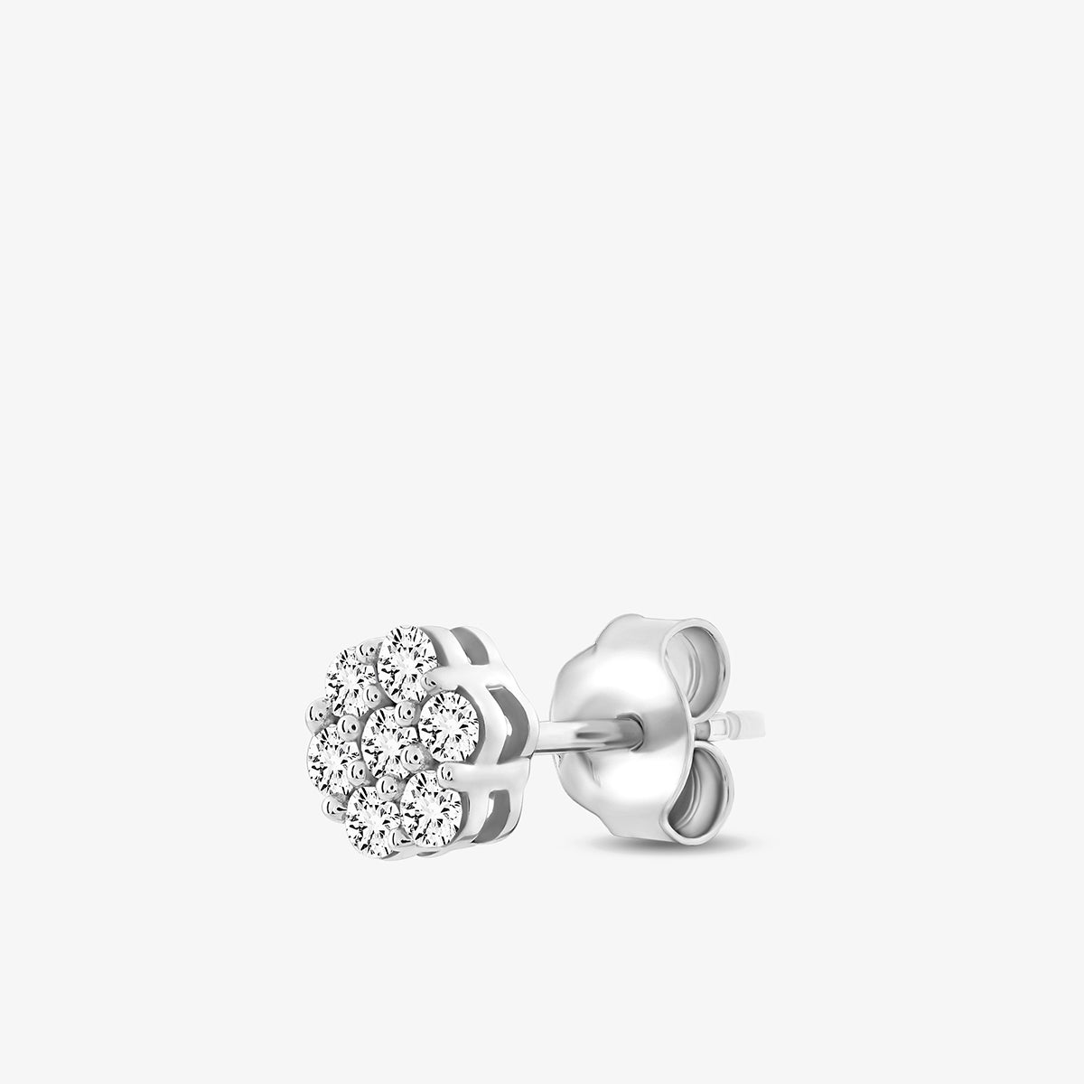 The CLASSIC Spark Stud EARRING by Keemti Jewels features a single silver stud adorned with a flower-shaped cluster of layered diamonds, displayed on a plain white background.