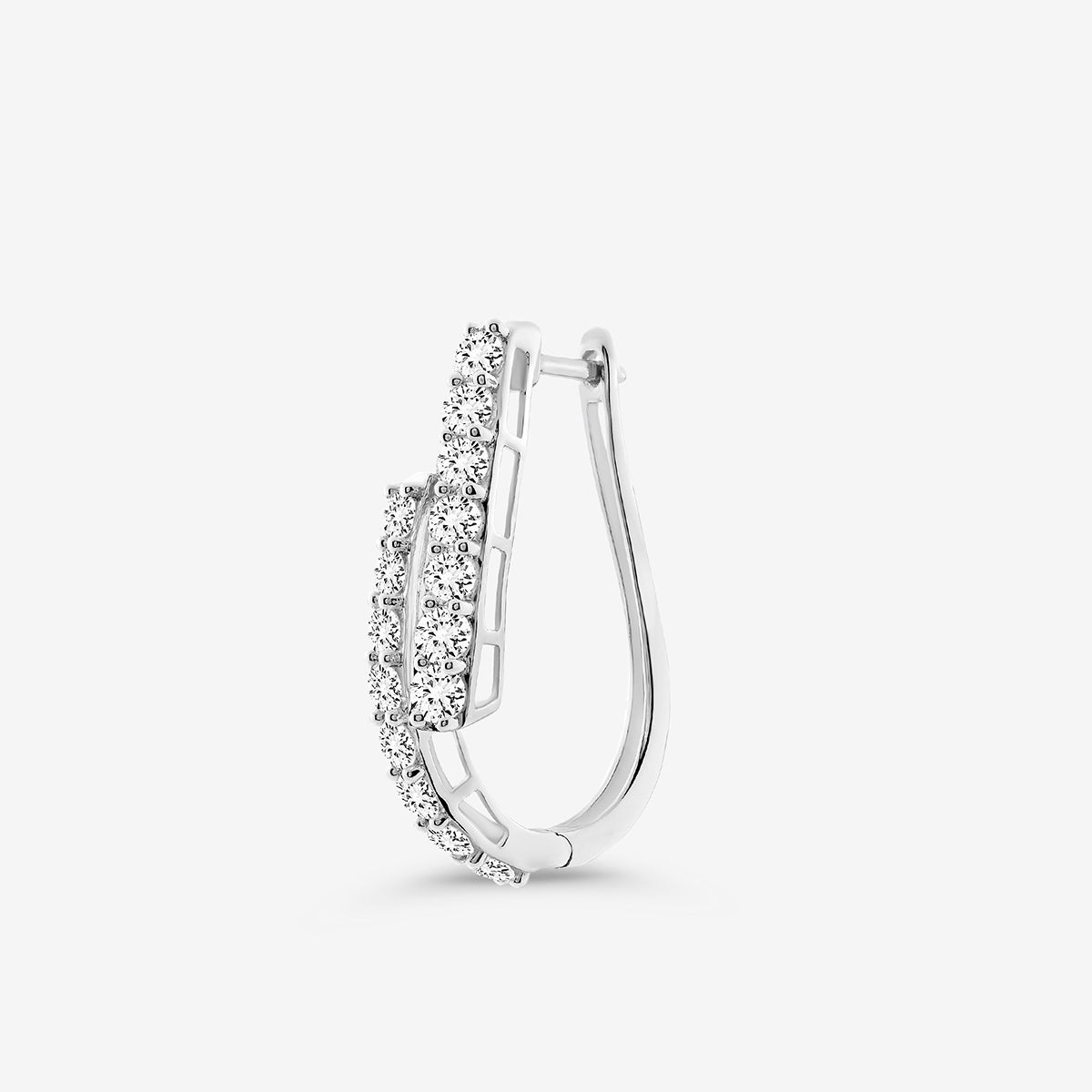 The SOLACE Arc Huggie Earrings by Keemti Jewels feature a pair of curved hoops with two rows of sparkling white gemstones in an elegant design—an essential everyday jewelry piece set against a plain white background.