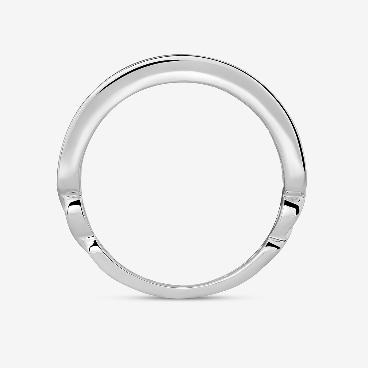 Twisted shank ring in silver tone, smooth rounded band profile.
