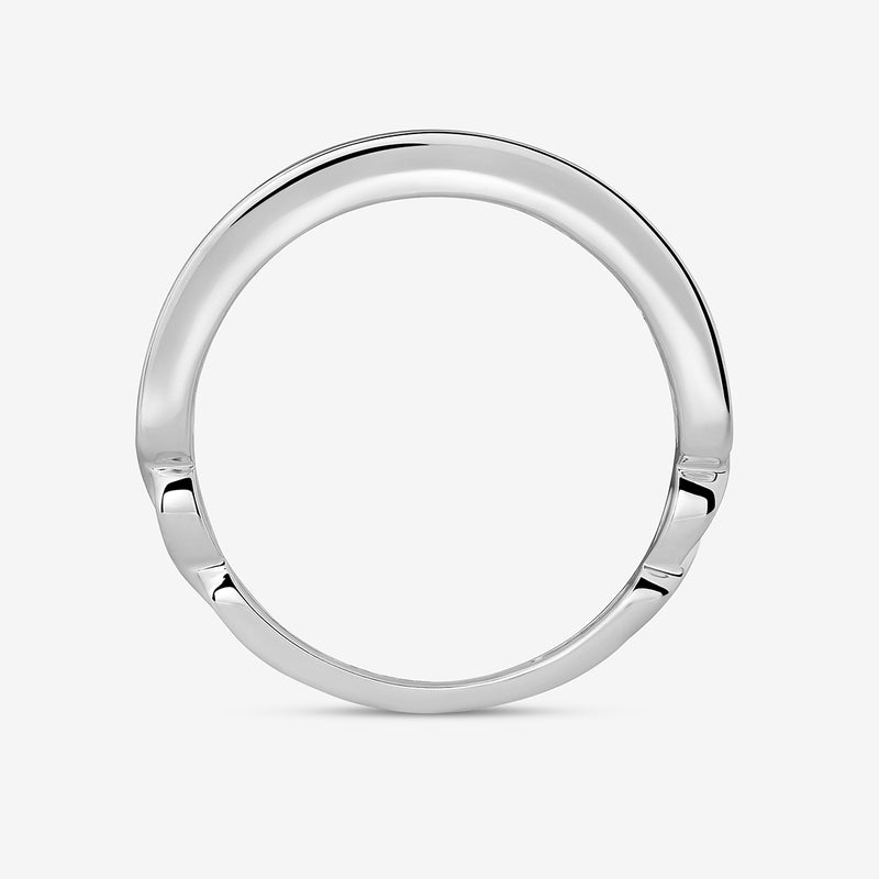 Twisted shank ring in silver tone, smooth rounded band profile.