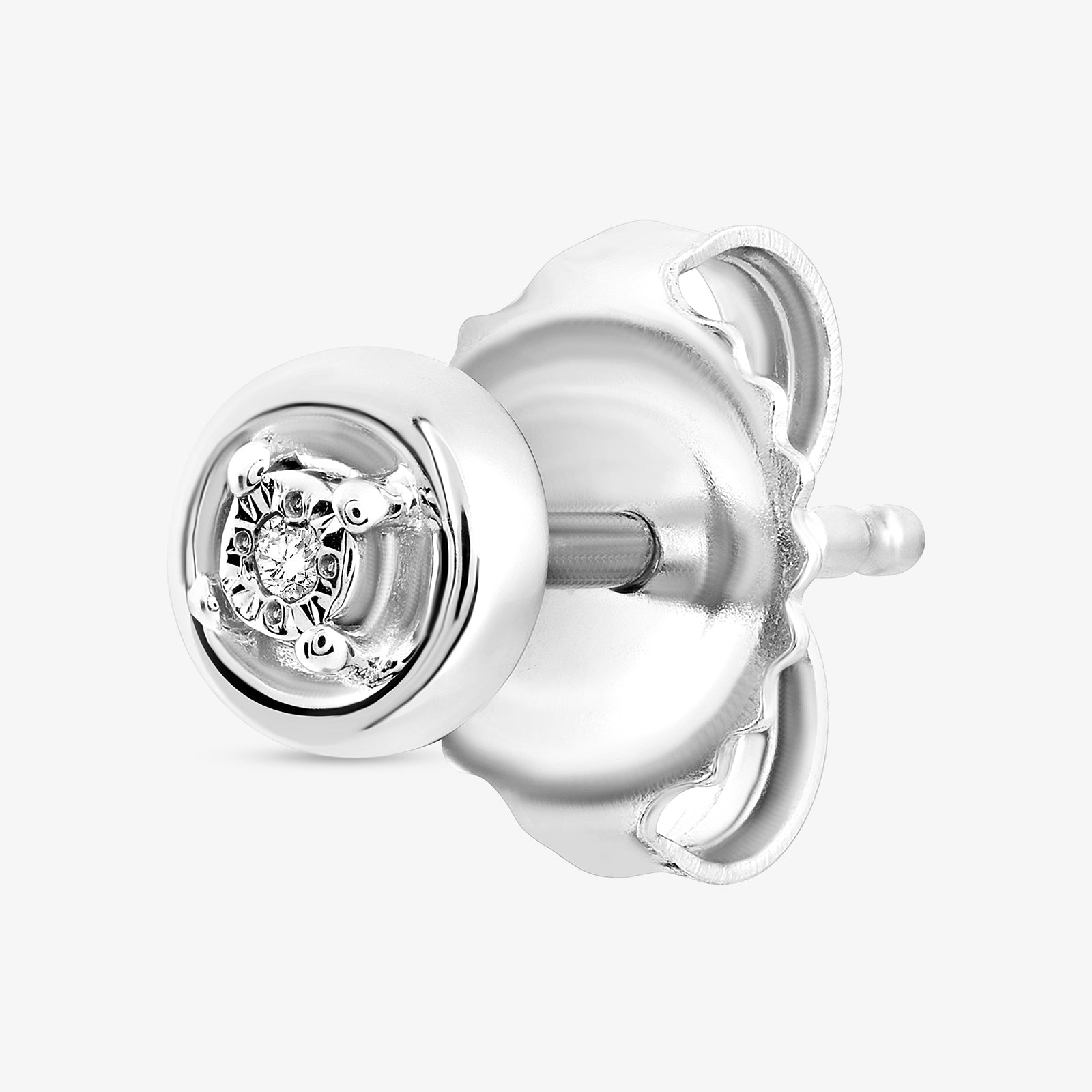 Silver vermeil stud earring side view with round cluster face and butterfly backing