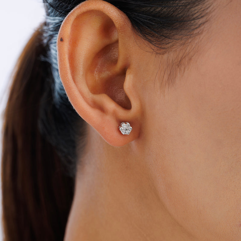 Close-up of a woman's ear wearing Keemti Jewels CLUSTER Spark Stud Earrings—lightweight for everyday wear.