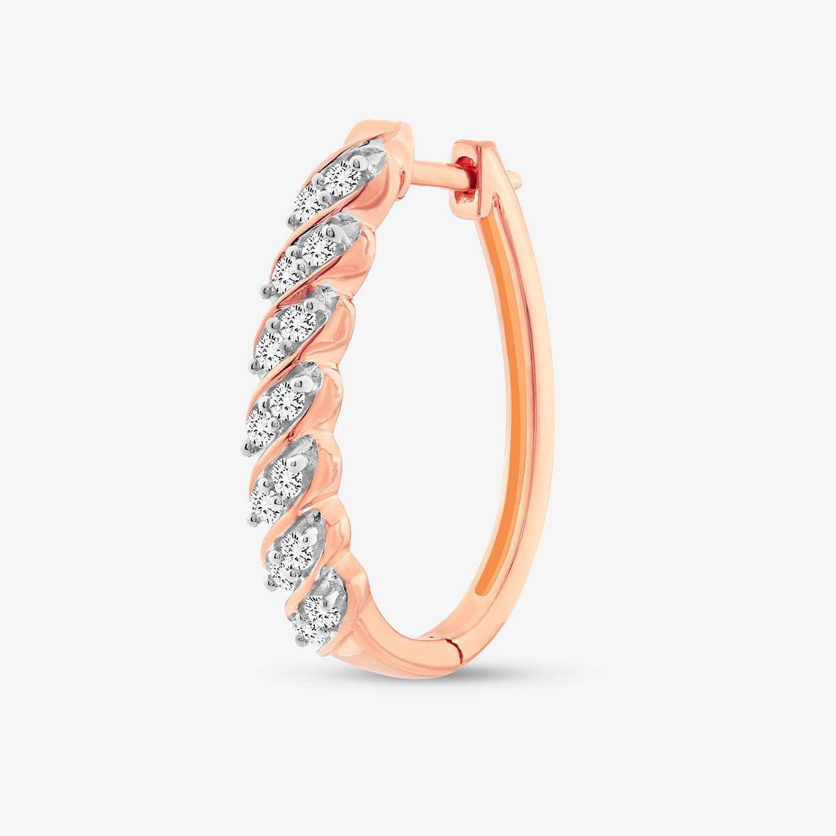 Hoop-Ohrring mit verdrehtem Bügel, roségoldfarben, sichtbares Scharnier und Pavé-Steine