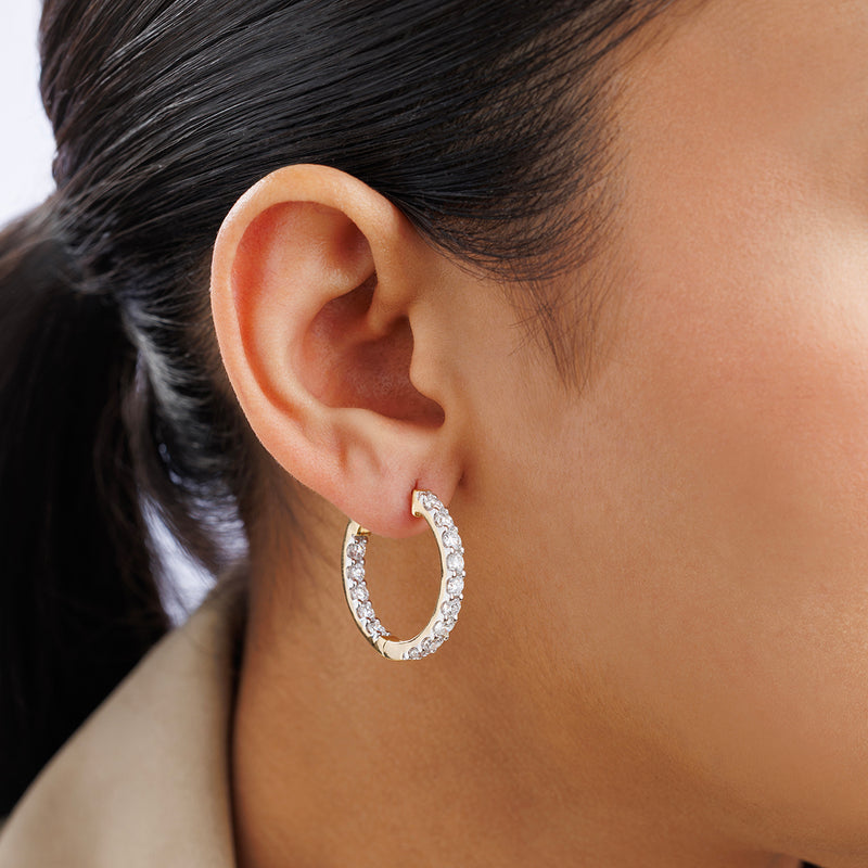 Close-up of a woman's ear wearing Keemti Jewels' CLASSIC Glow Huggie EARRINGS, radiating shimmer and elegance.
