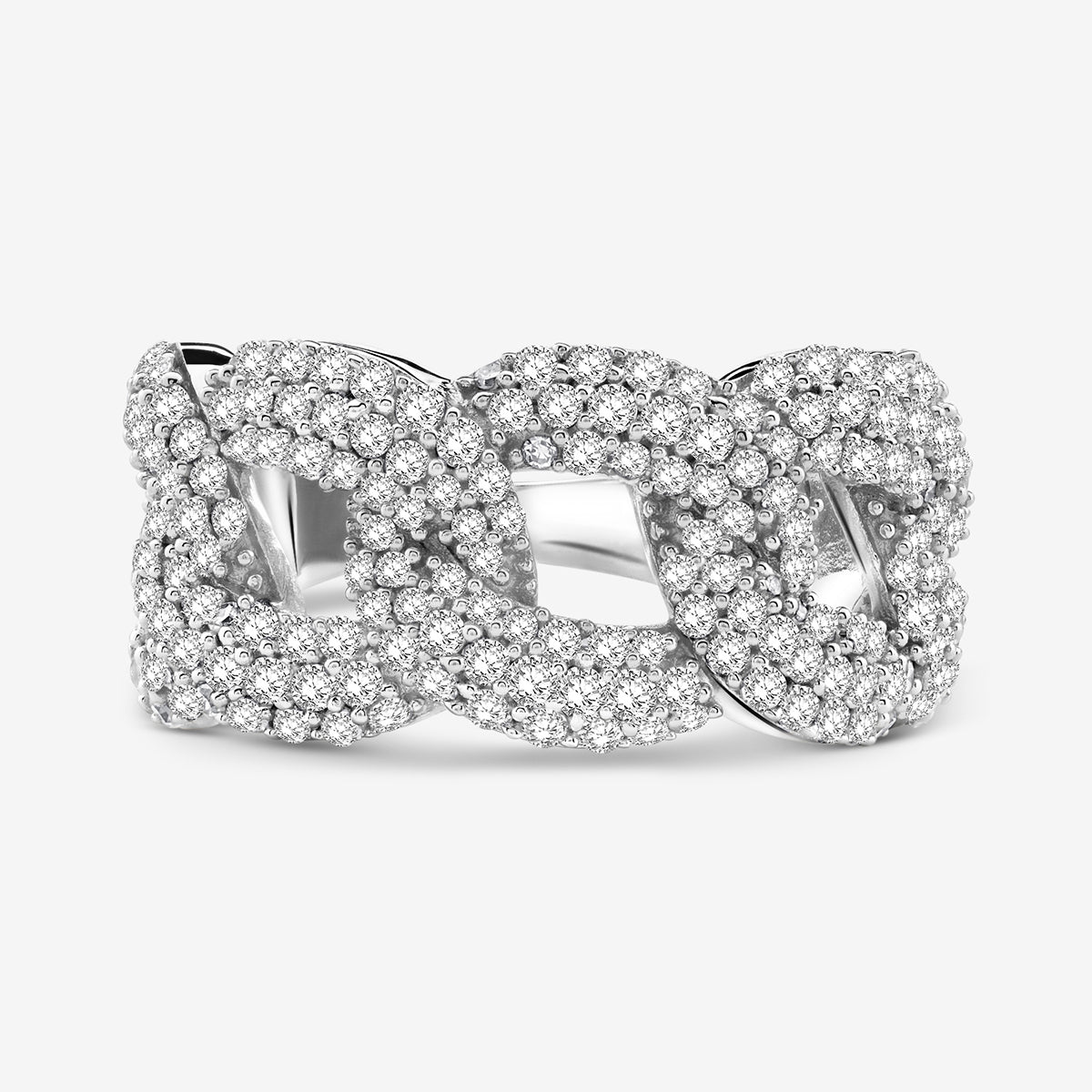 The STATEMENT Link Eternity RING by Keemti Jewels features interlocking links, each studded with sparkling diamonds.