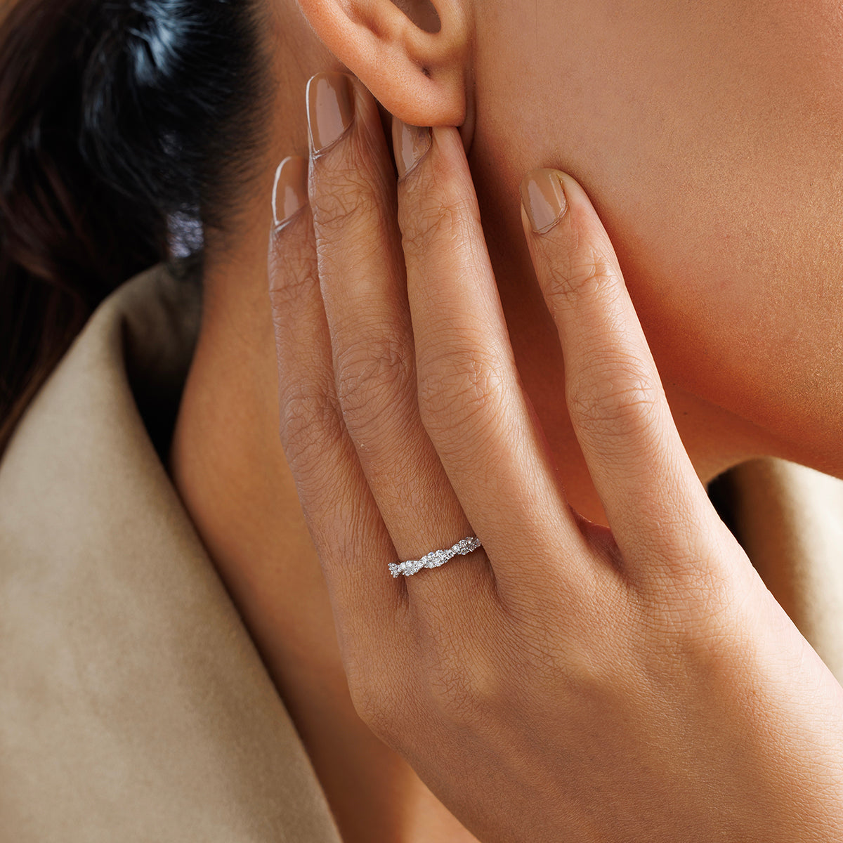 Braid shimmer band on hand, Silver 925 pavé sparkle ring