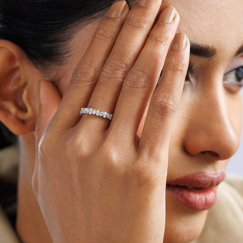 Diamond ring on finger, 925 silver mosaic band with prong-set square stones