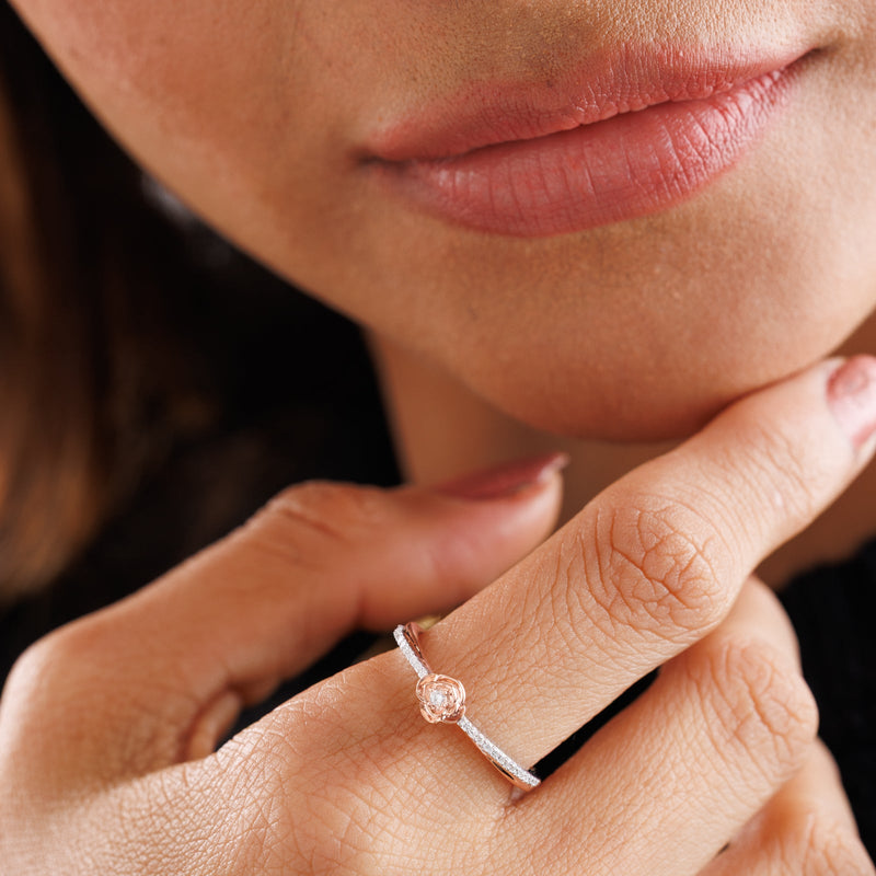 Blush Promise ring on finger, small round flower top with pavé band, 925 silver
